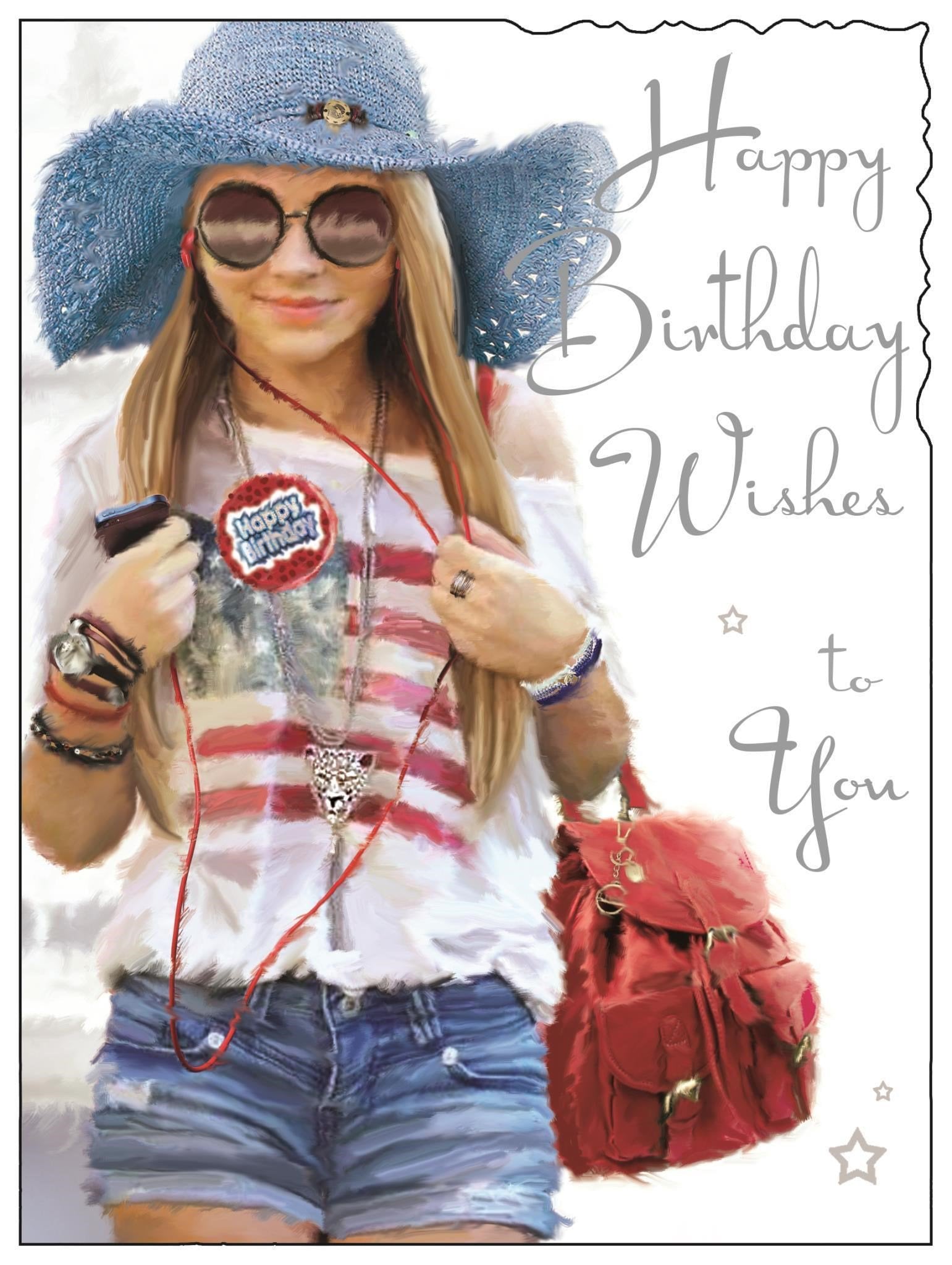 Front of Open Female Birthday Denim Shorts Greetings Card