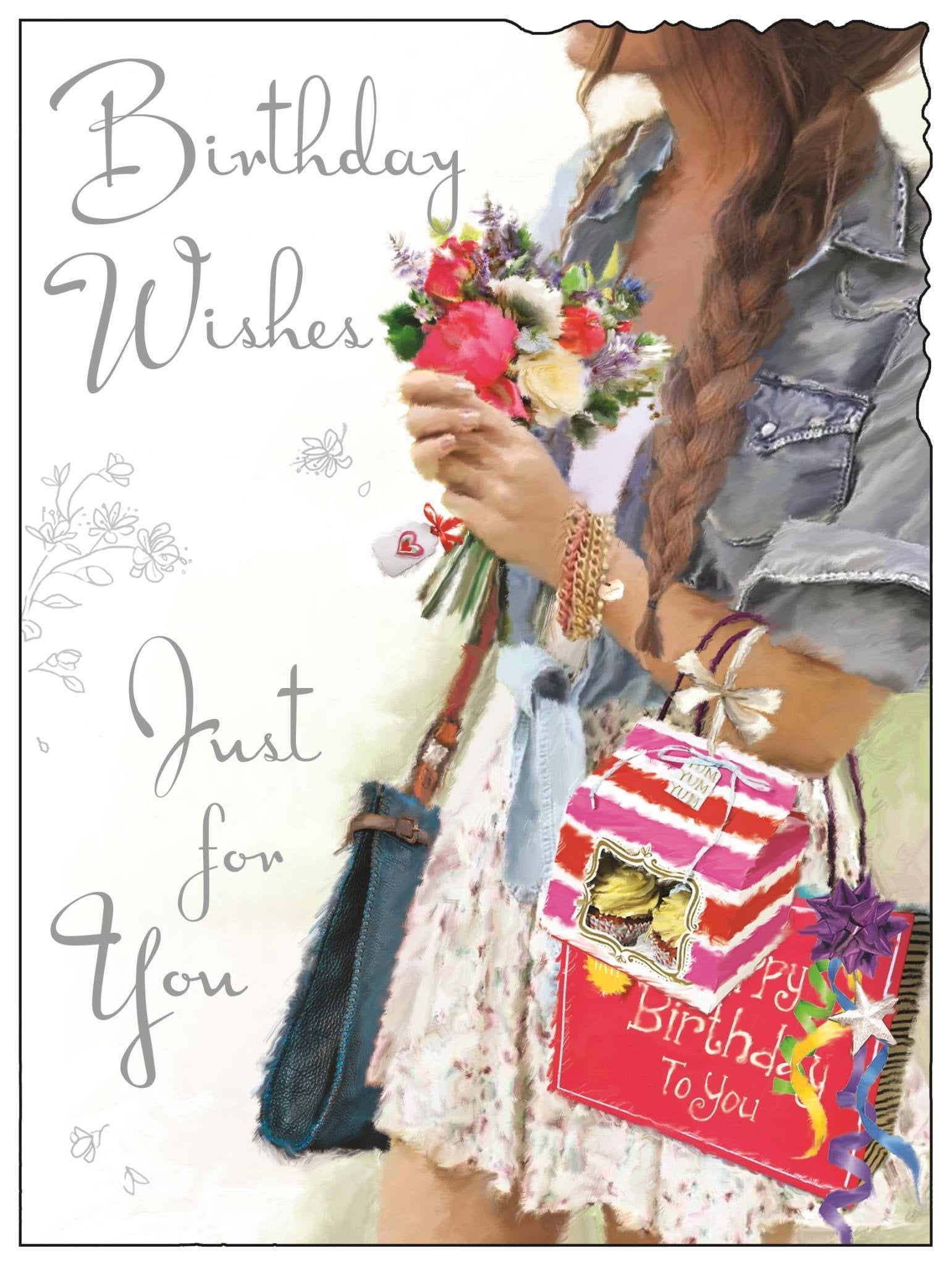 Front of Open Female Birthday Denim Jacket Greetings Card