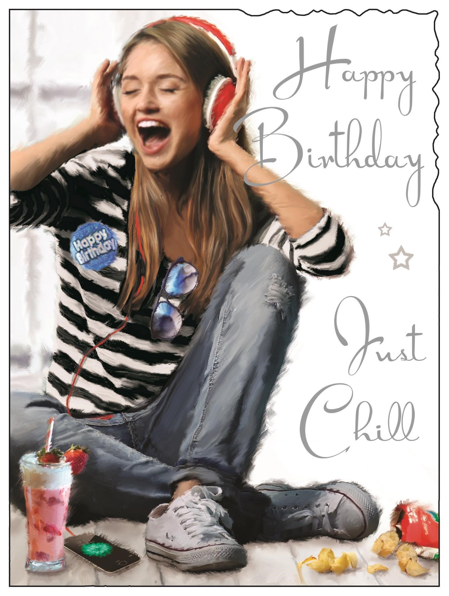 Front of Open Female Birthday Headphones Greetings Card