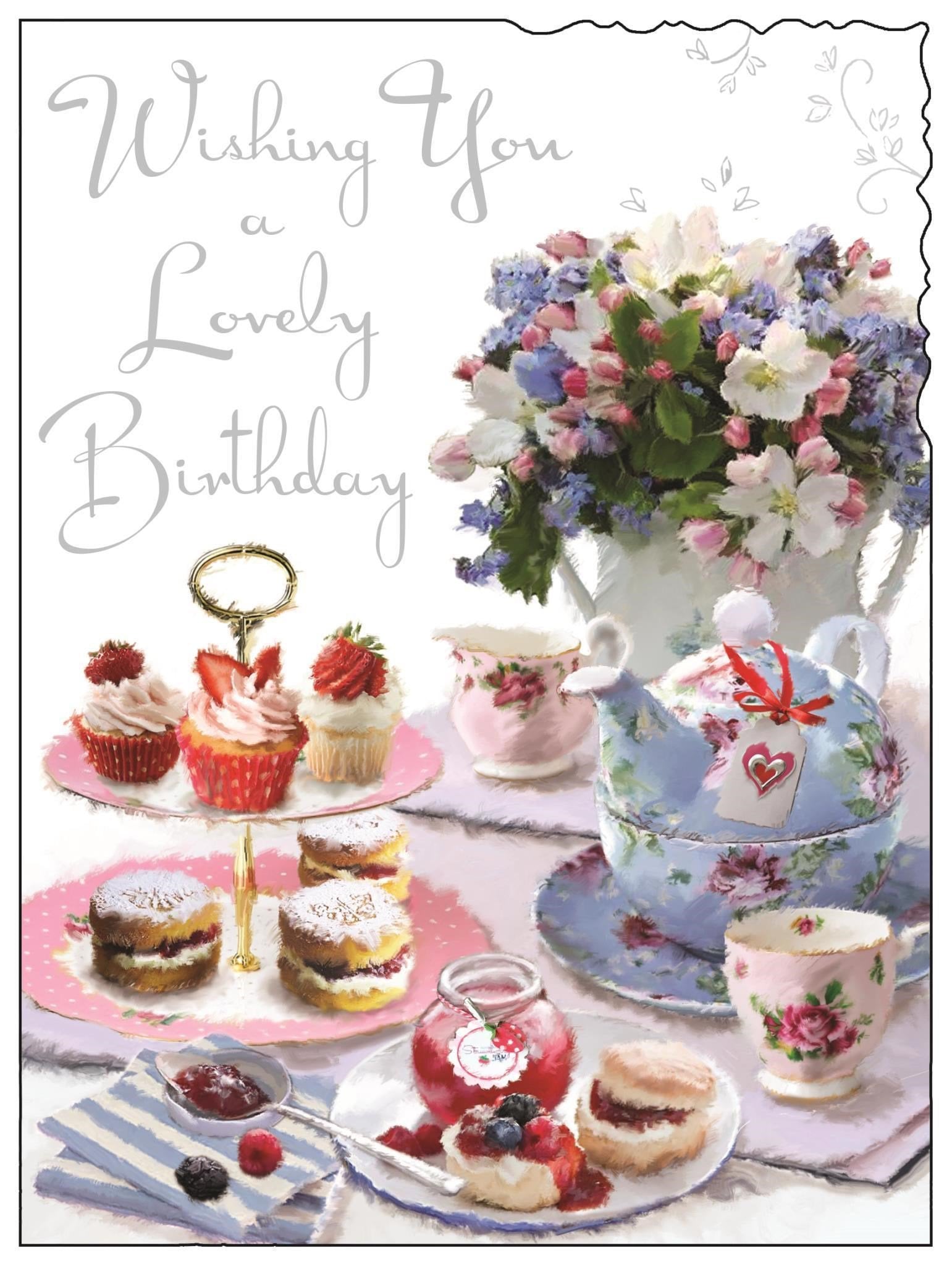 Front of Open Female Birthday Blue Teapot Greetings Card