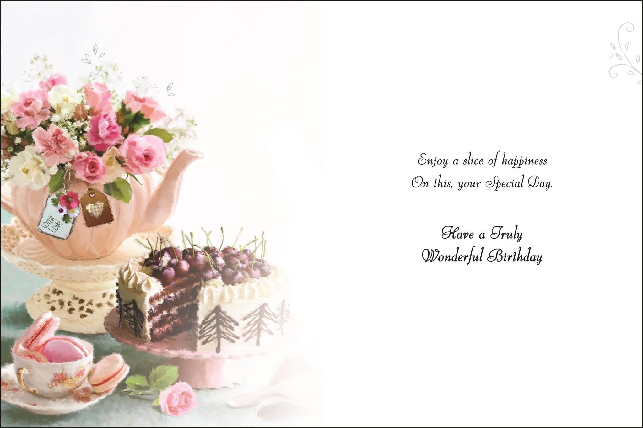 Inside of Open Female Birthday Pink Teapot  Greetings Card