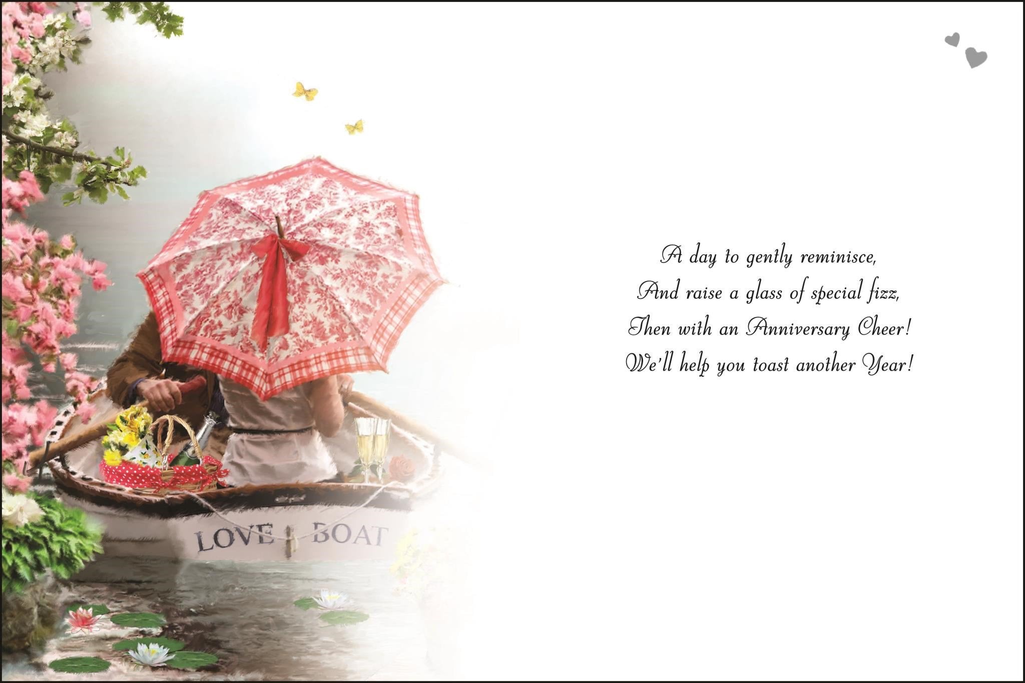 Inside of Open Anniversary Love Boat Greetings Card