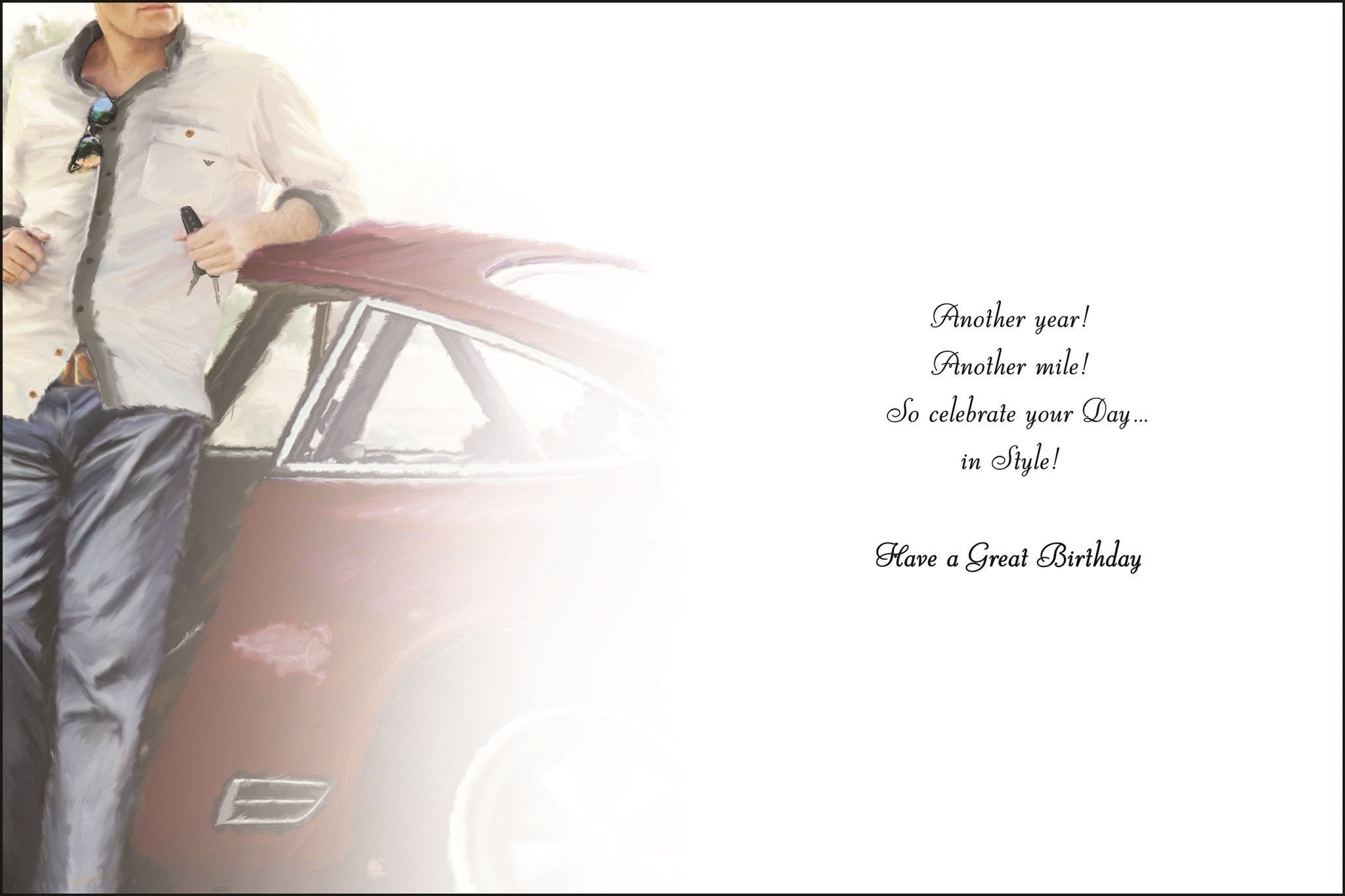 Inside of Male Birthday Leaning On Car Greetings Card