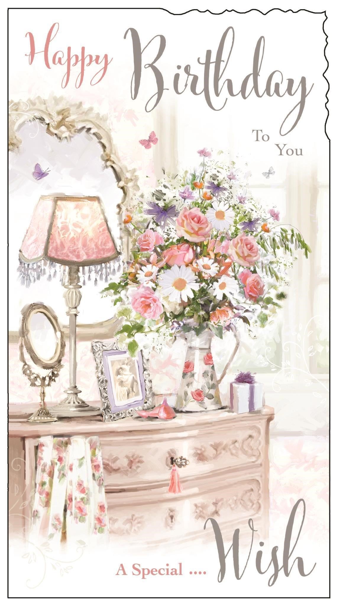 Front of Female Birthday Rose Jug Greetings Card