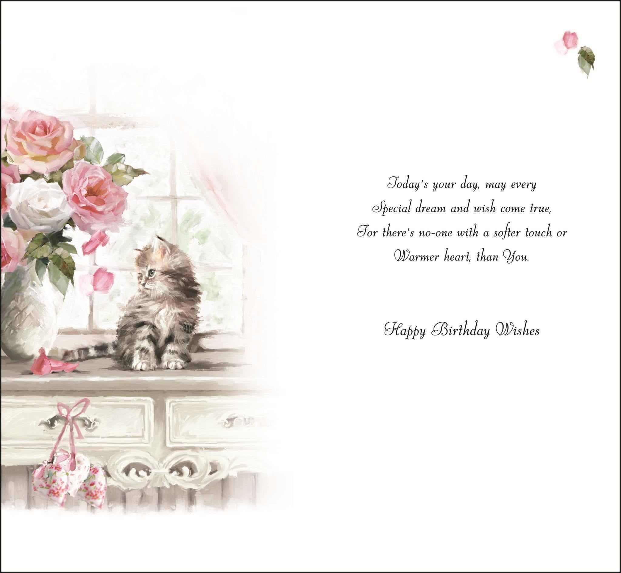 Inside of Female Birthday Kitten Pink Roses Greetings Card