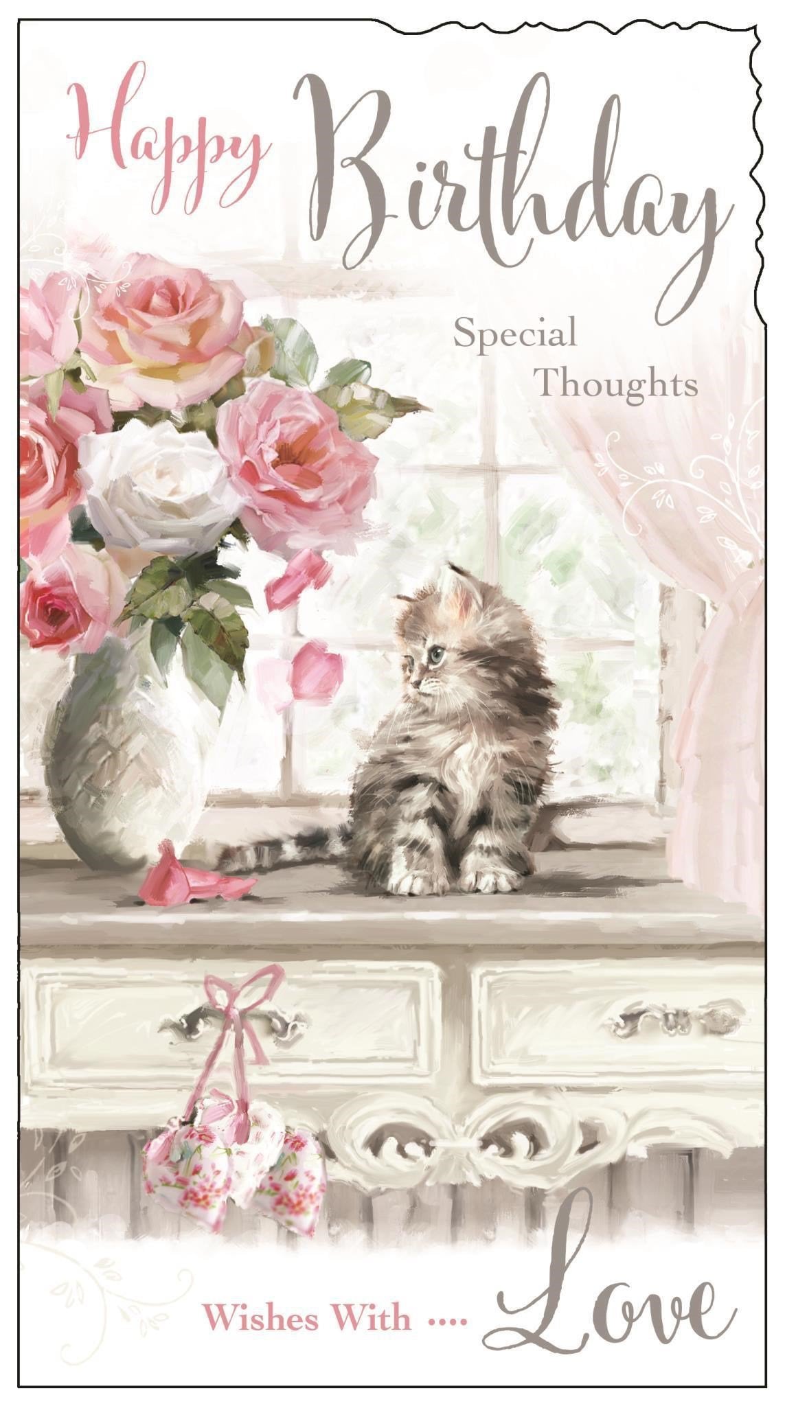Front of Female Birthday Kitten Pink Roses Greetings Card
