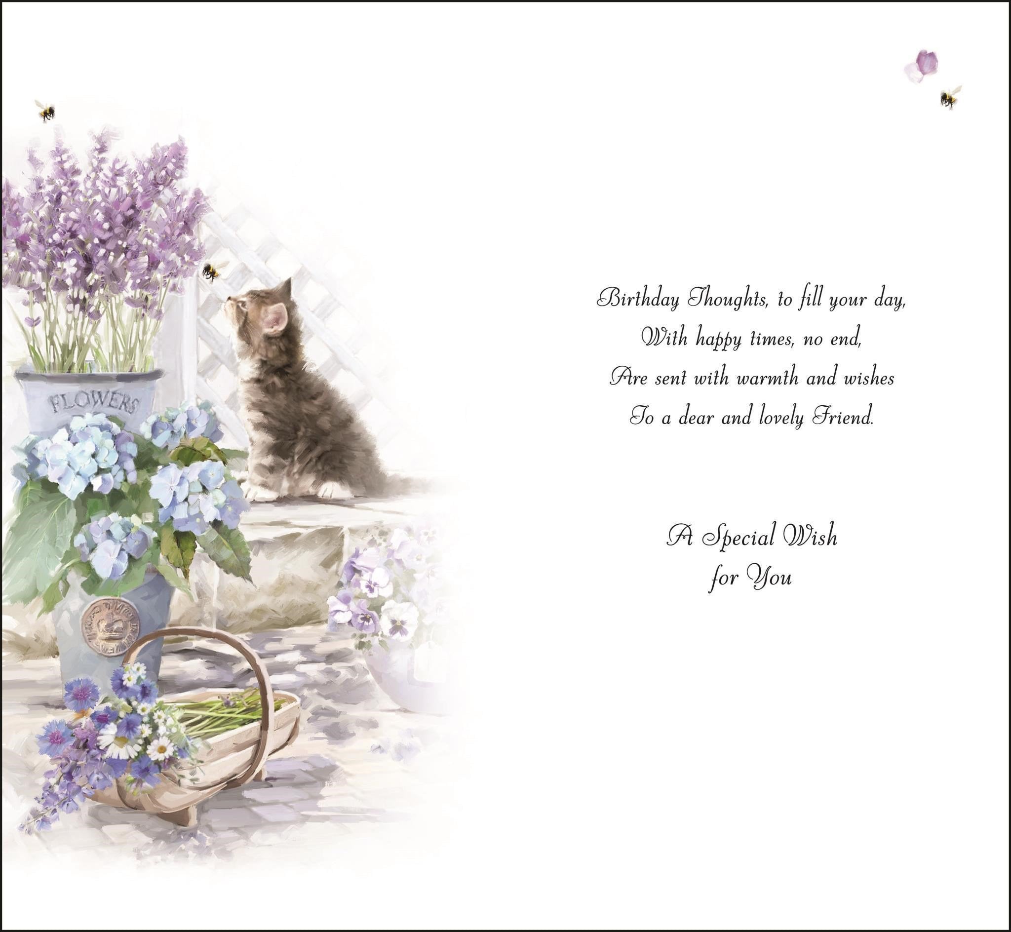 Inside of Female Birthday Kitten Lilac Flowers Greetings Card