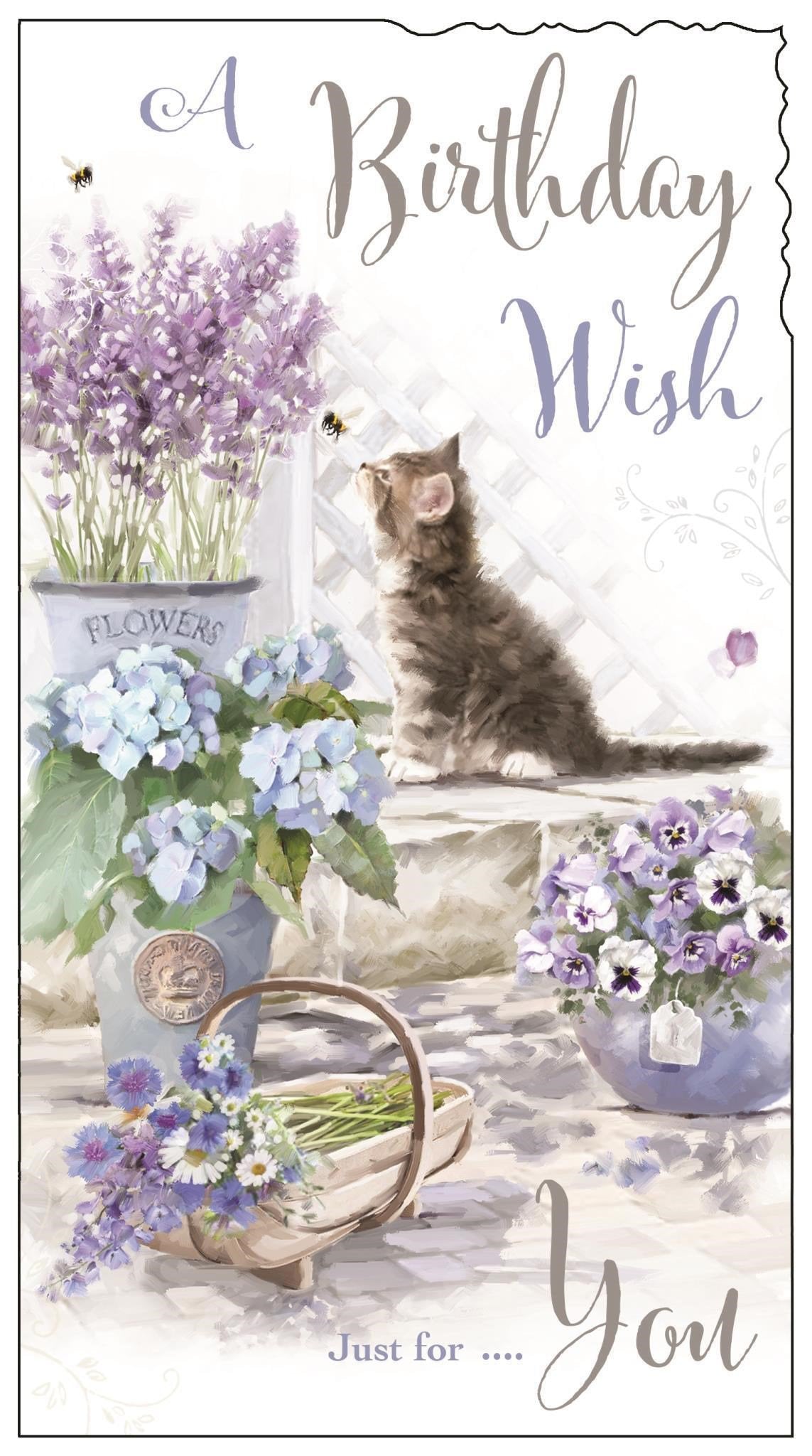 Front of Female Birthday Kitten Lilac Flowers Greetings Card