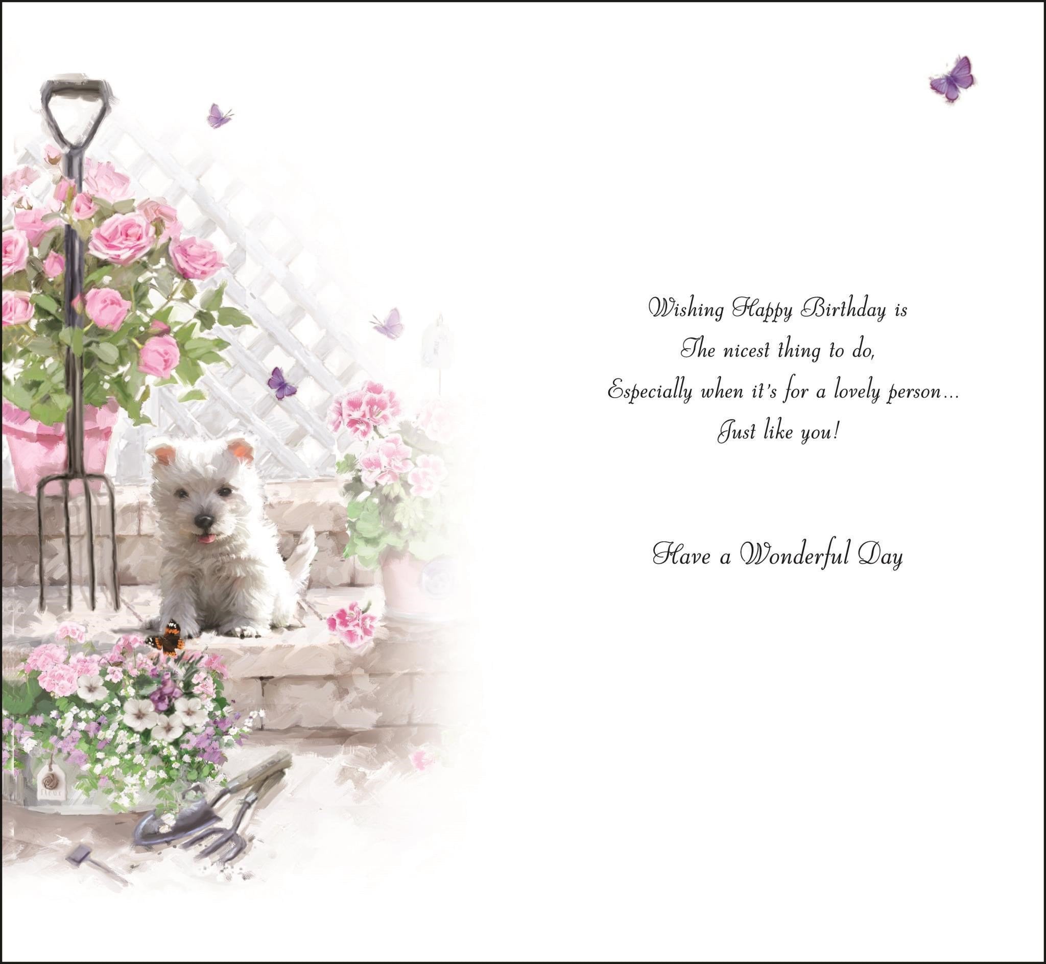 Inside of Female Birthday 1Puppy Pink Pots Greetings Card