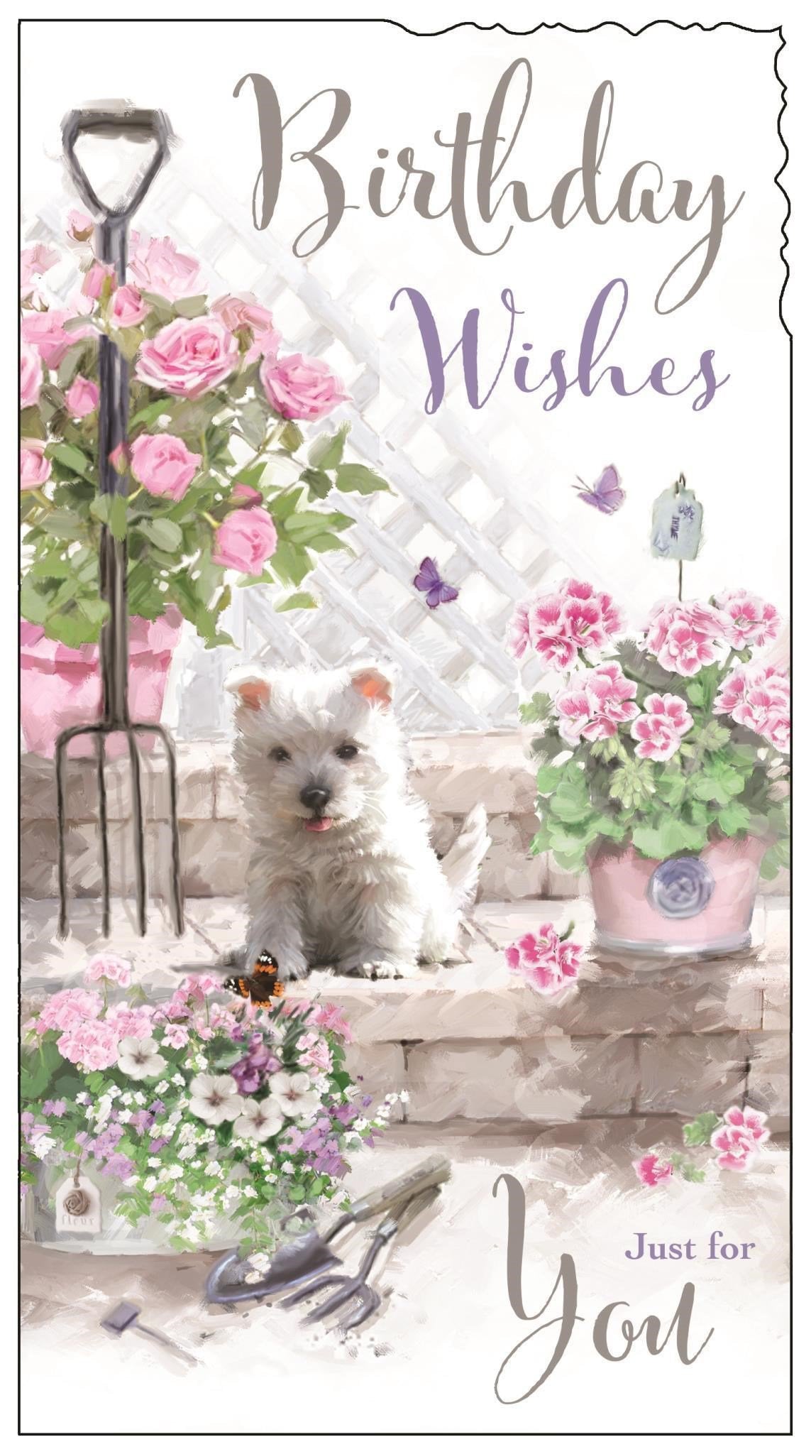 Front of Female Birthday 1Puppy Pink Pots Greetings Card