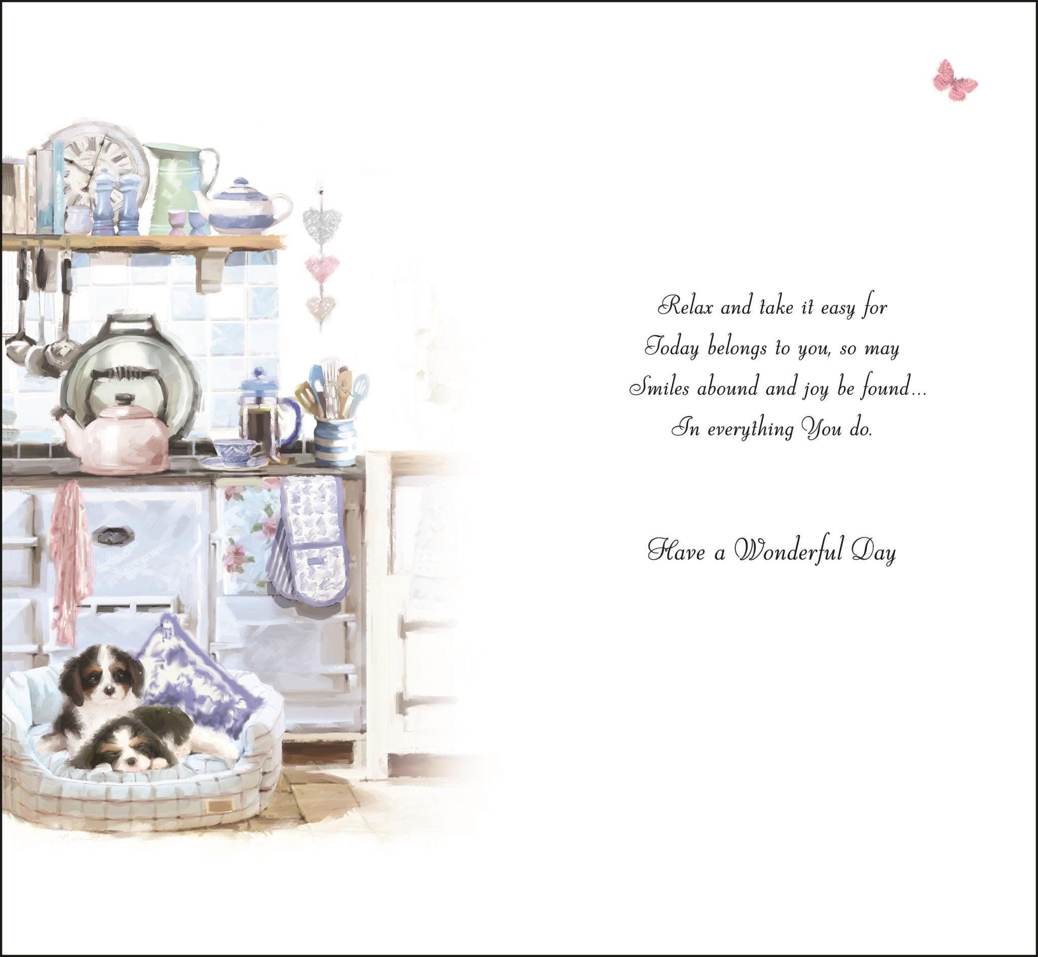 Inside of Female Birthday Puppies Kitchen Greetings Card