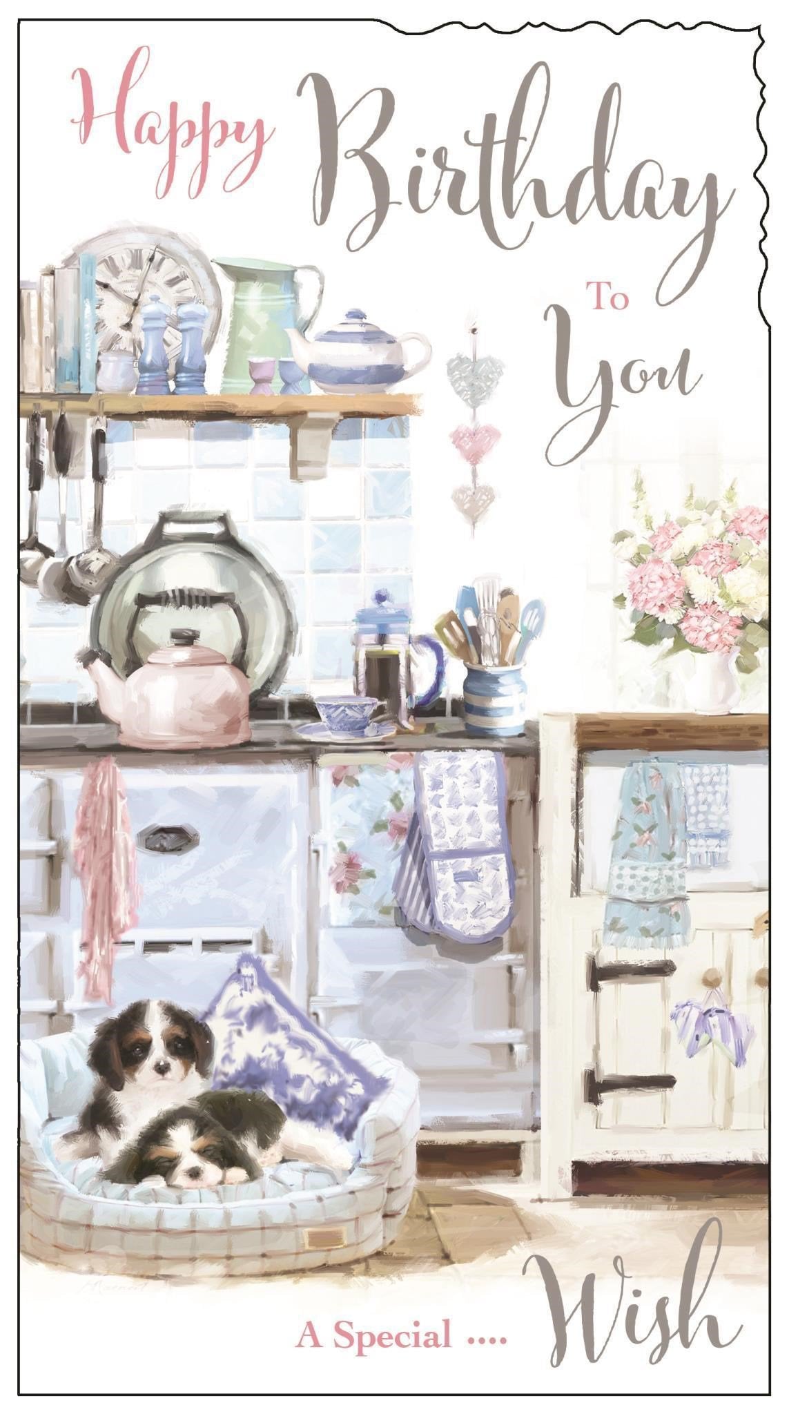 Front of Female Birthday Puppies Kitchen Greetings Card
