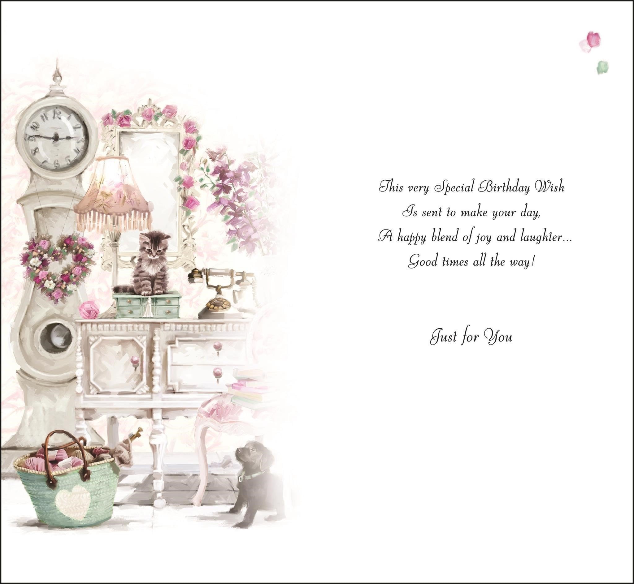 Inside of Female Birthday Puppy Kitten Clock Greetings Card