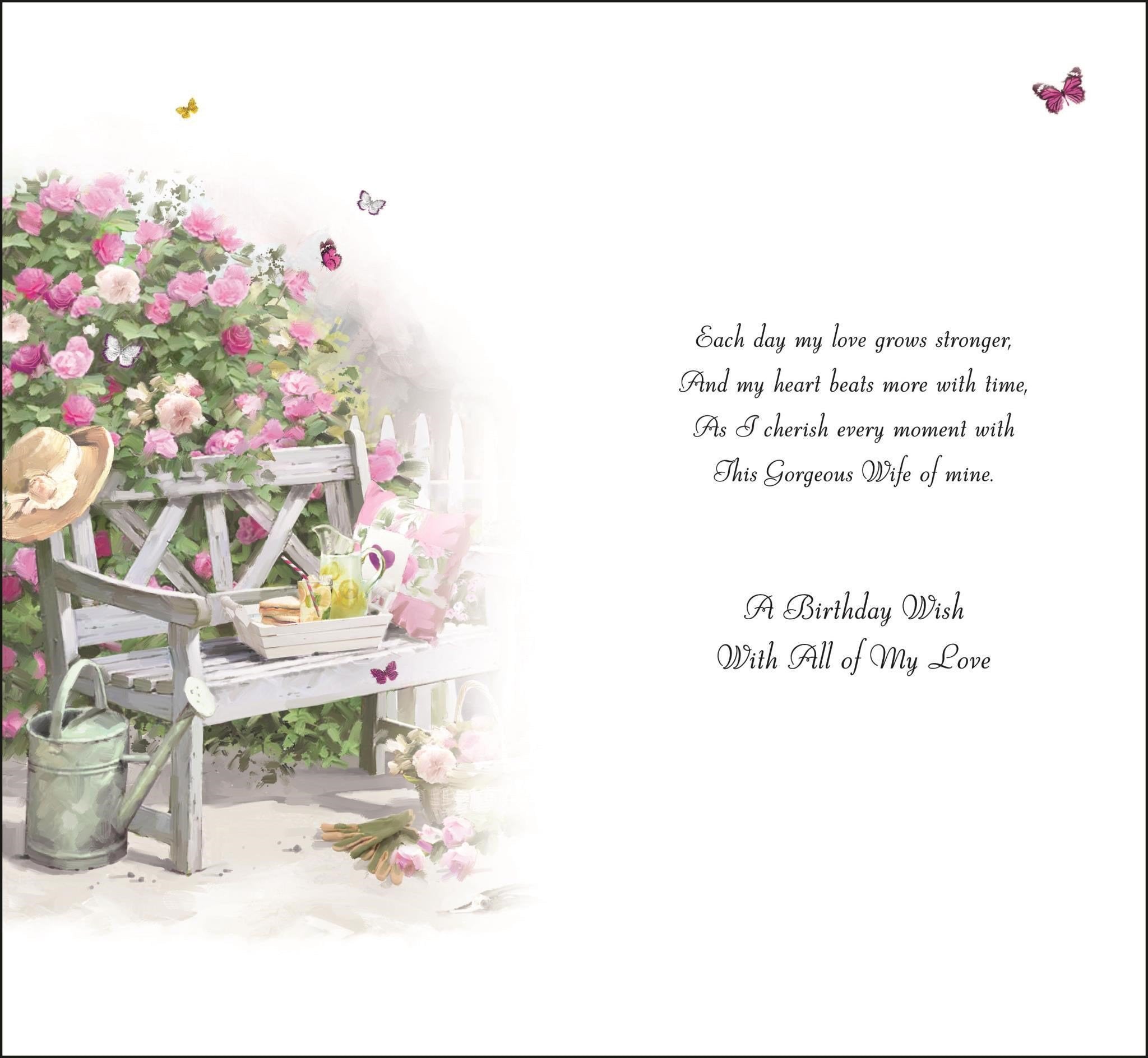 Inside of Wife Bench Flowers Birthday Greetings Card