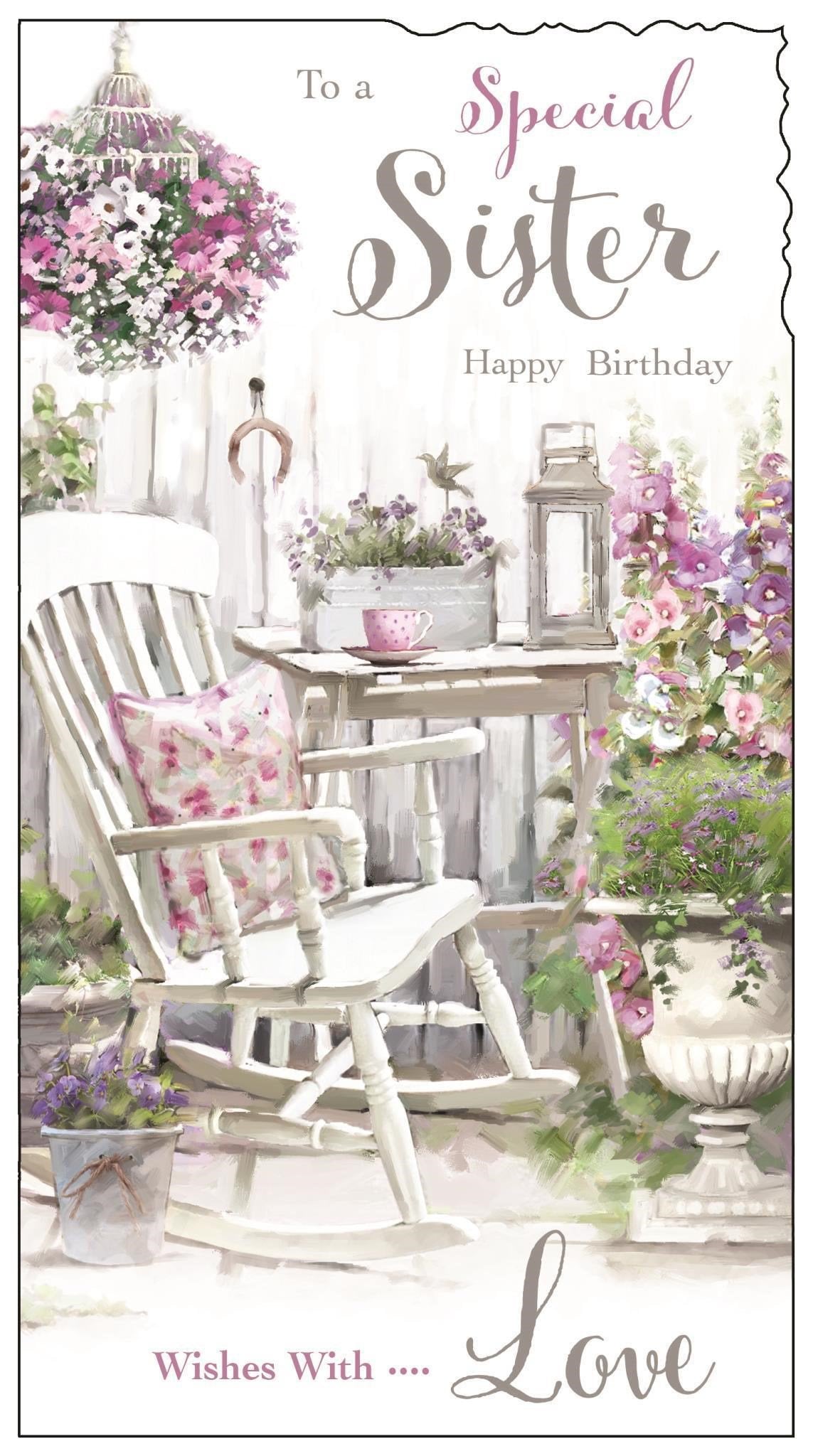 Front of Sister Rocking Chair Birthday Greetings Card