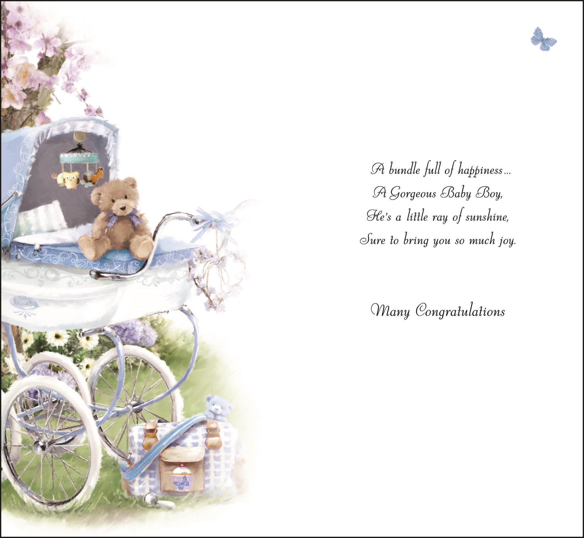 Inside of New Baby Boy Pram Greetings Card