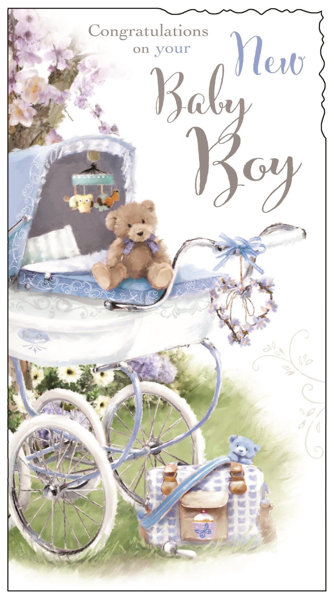 Front of New Baby Boy Pram Greetings Card