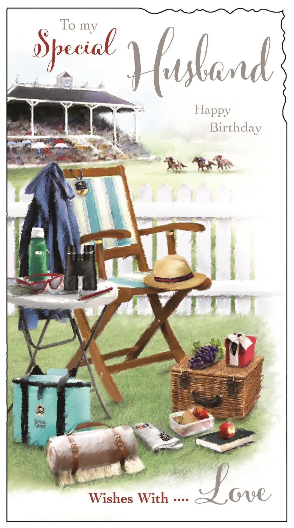 Front of Husband Horse Racing Birthday Greetings Card