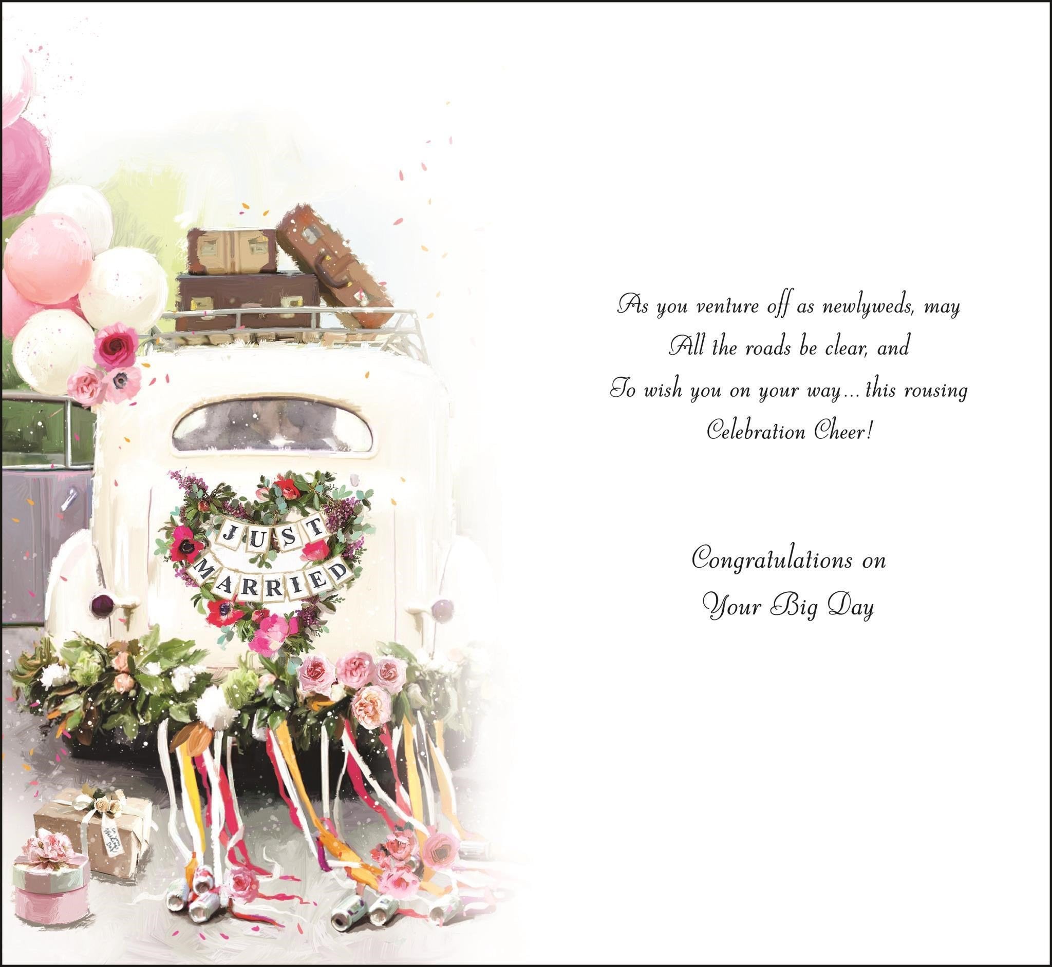 Inside of Happy Wedding Day Car Greetings Card