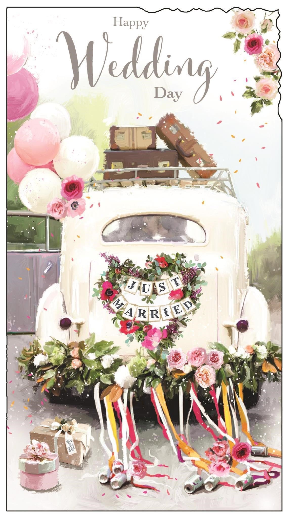 Front of Happy Wedding Day Car Greetings Card