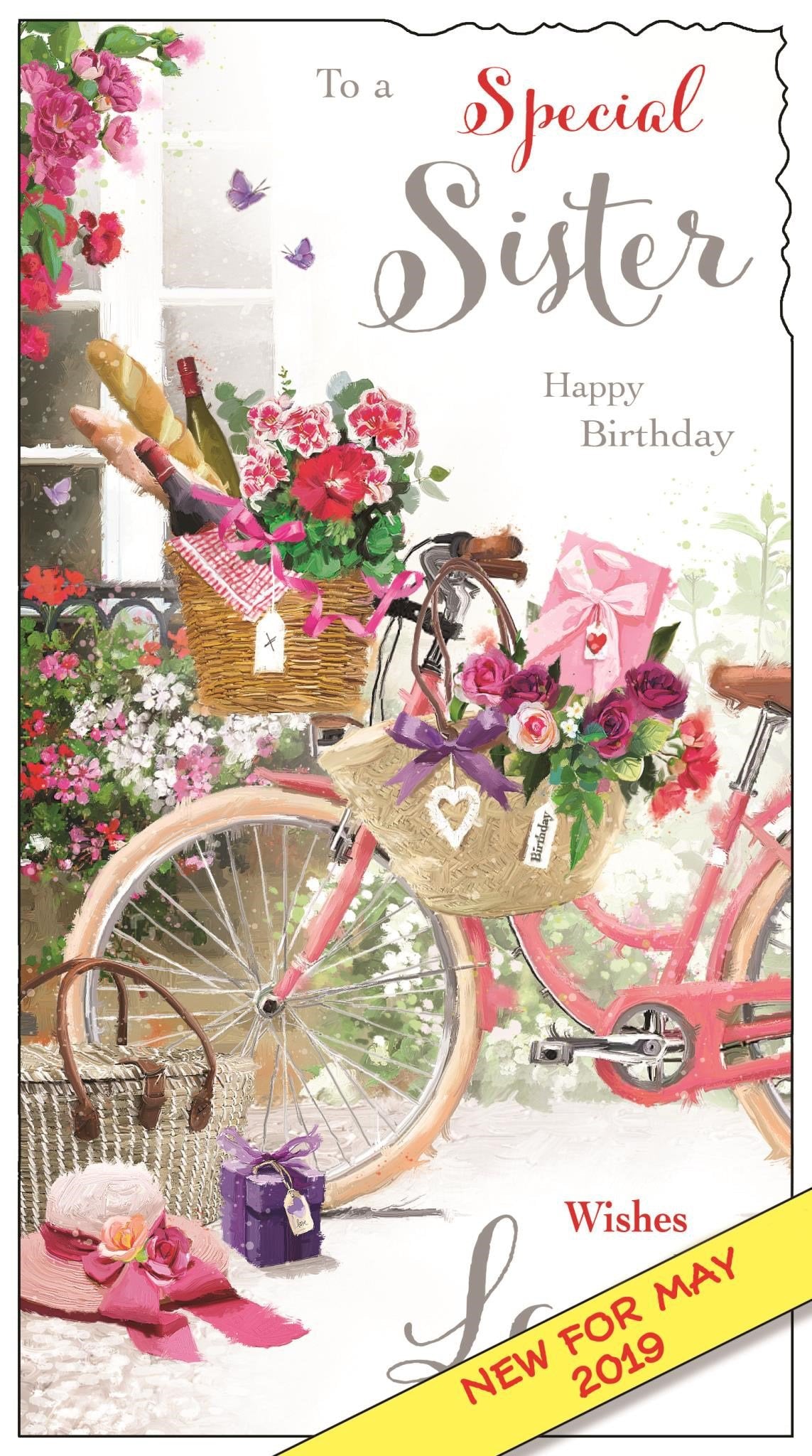 Front of Sister Birthday Bike Flowers Greetings Card