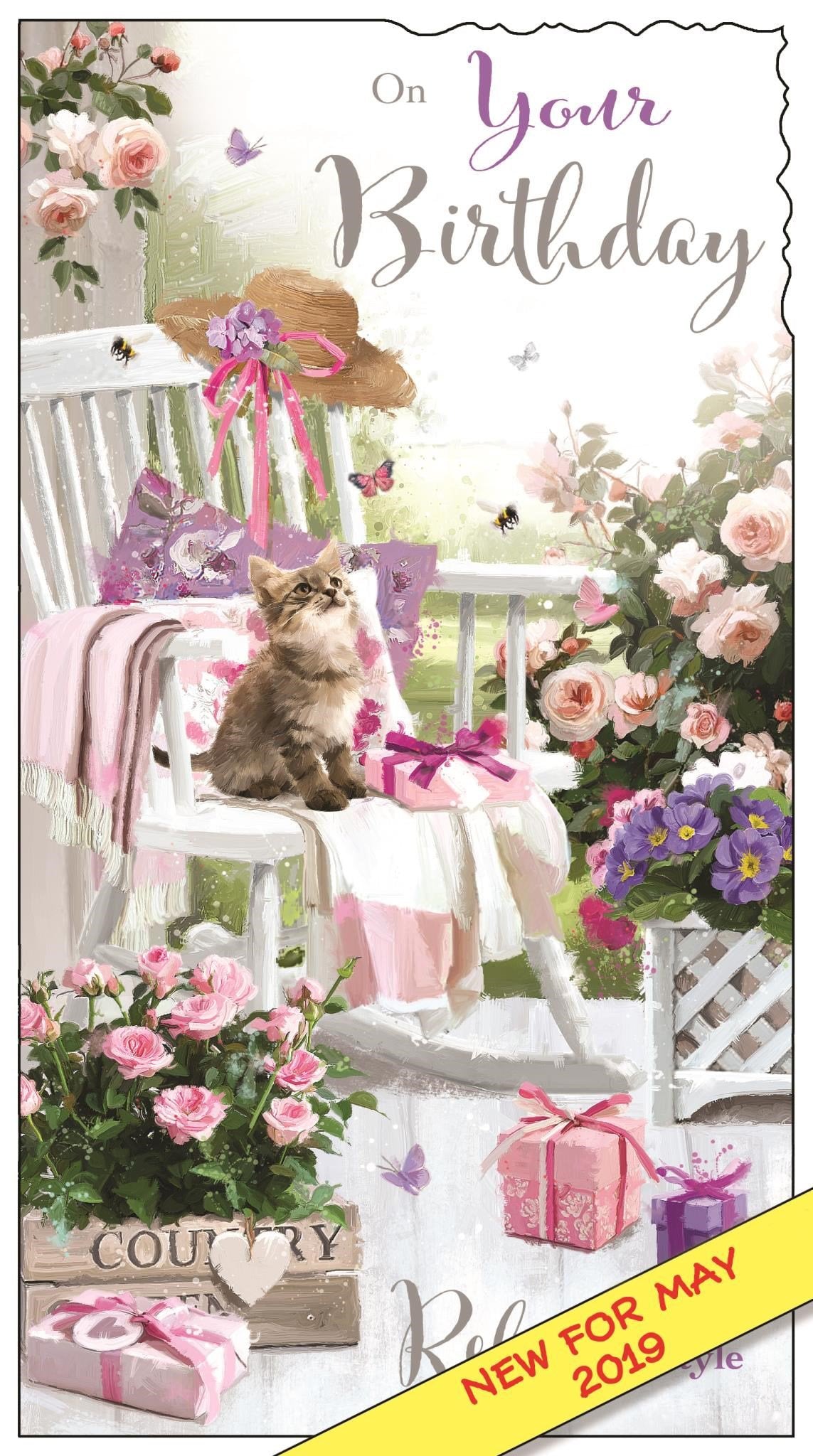 Front of Birthday Kitten Rocking Chair Greetings Card