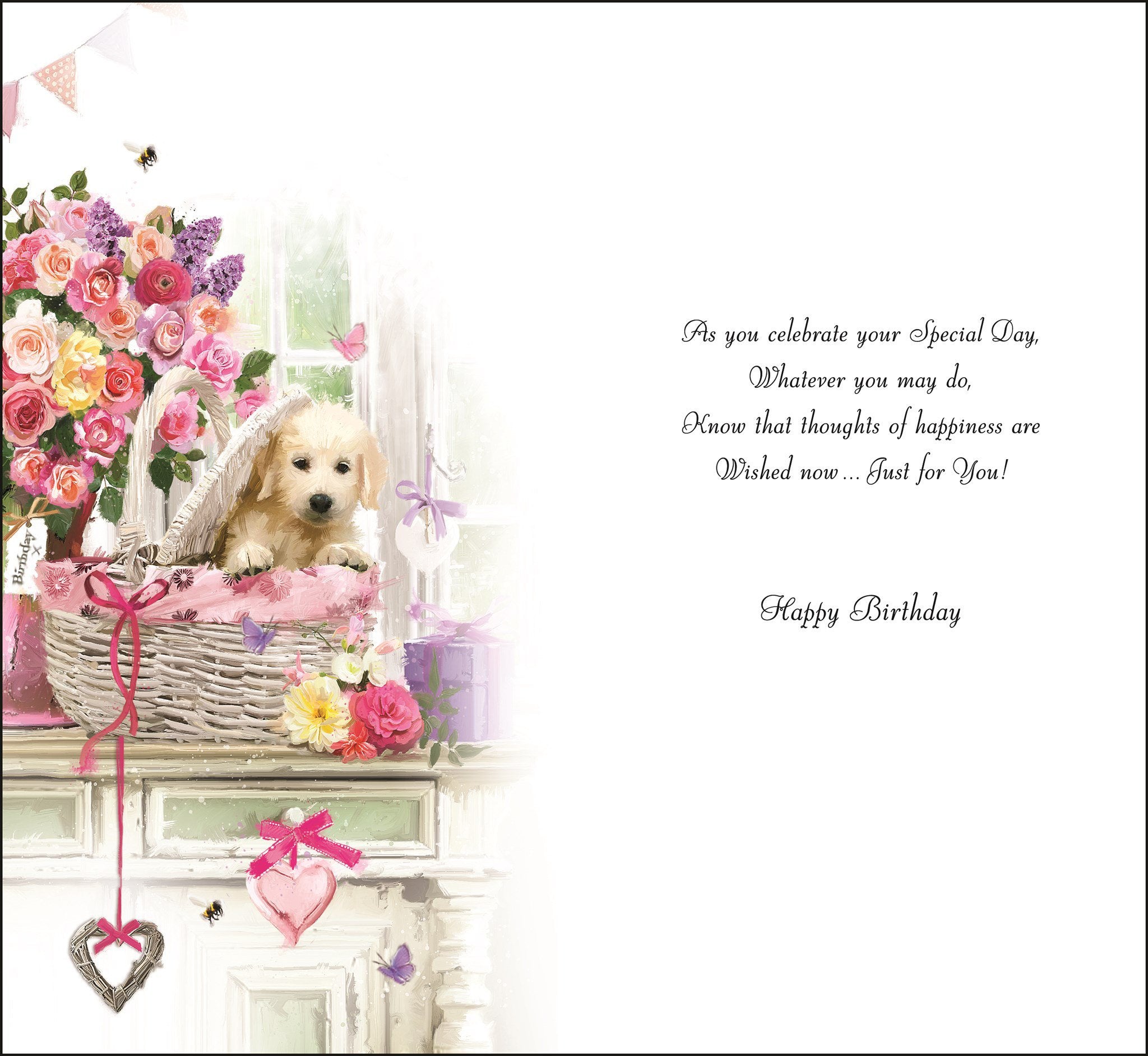 Inside of Birthday Puppy In Basket Greetings Card