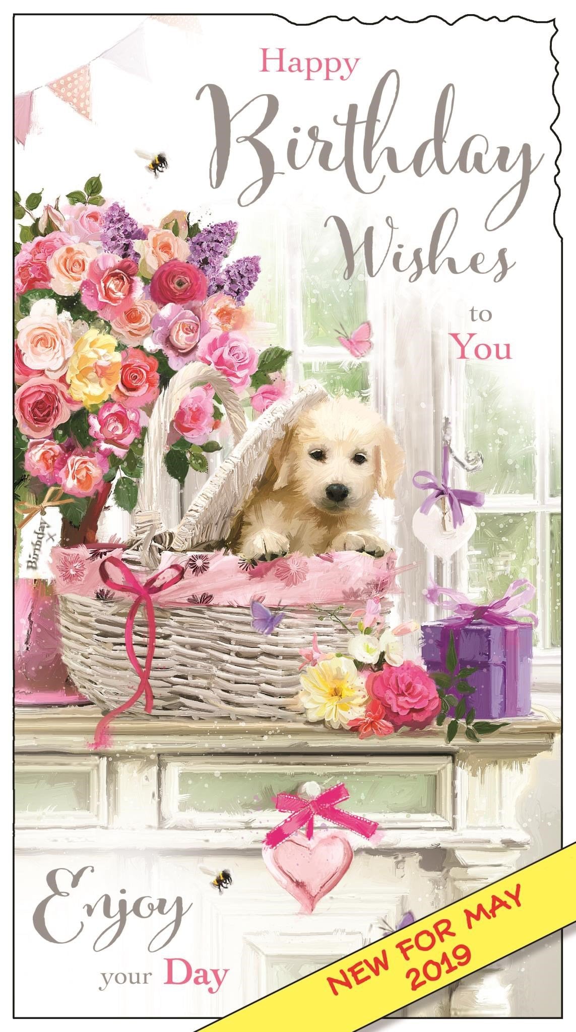 Front of Birthday Puppy In Basket Greetings Card