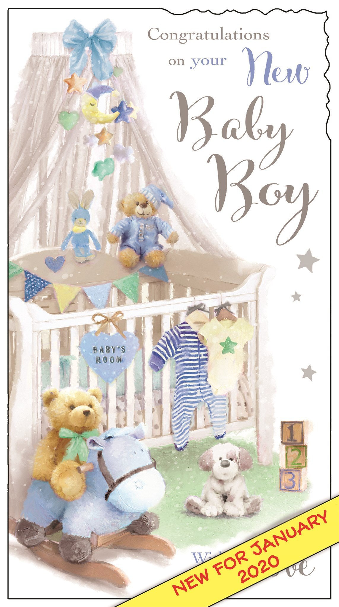 Front of New Baby Boy Cot Greetings Card